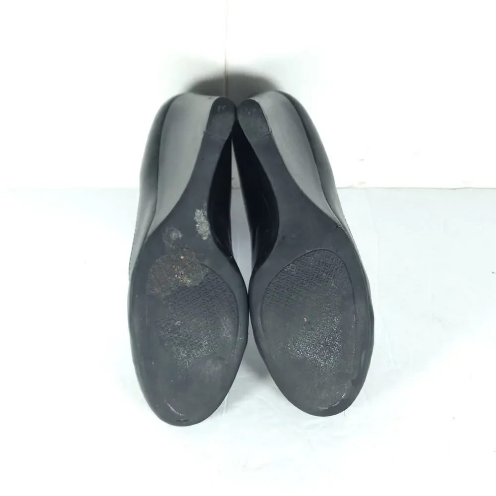 Tory Burch Women’s Melinda US 8M Black Leather Logo Slip On Wedge Pumps Shoes